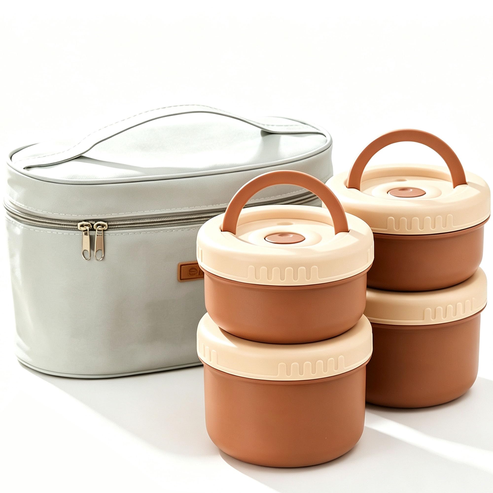 Ceramica Scatola Pranzo Contenitore Termico, Contenitore Termico per Pranzo Forma Rotonda per Conservazione Degli Alimenti Scatole Picnic per pasti fuori casa, lavoro, scuola,Brown-4 pieces