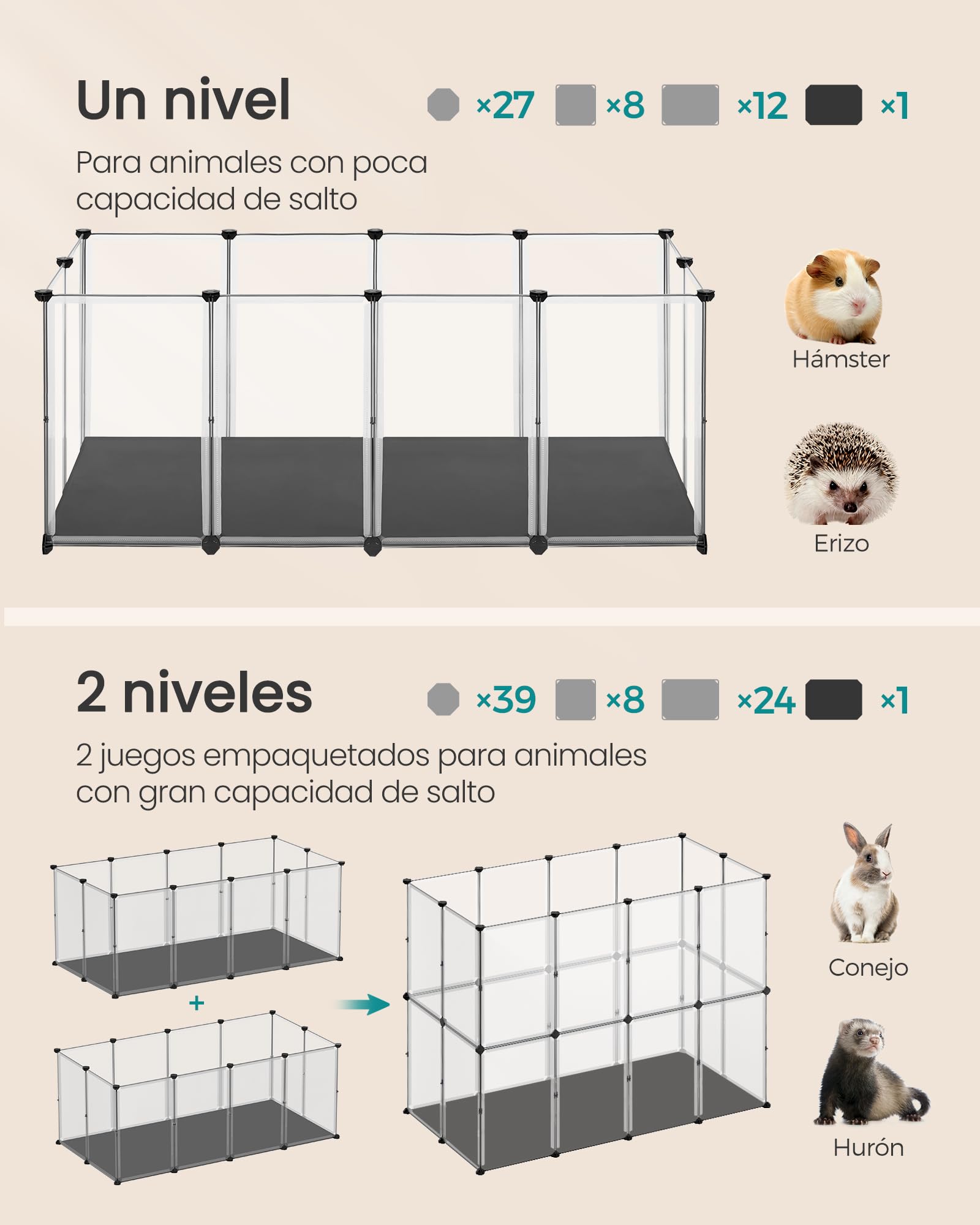 SONGMICS Parque para Mascotas con Suelo y Alfombra Impermeables y Extraíbles, Valla para Animales Pequeños, para Hámsteres, Conejos, Erizos, Cobayas, 145 x 73 x 57 cm, Blanco LPC013W01