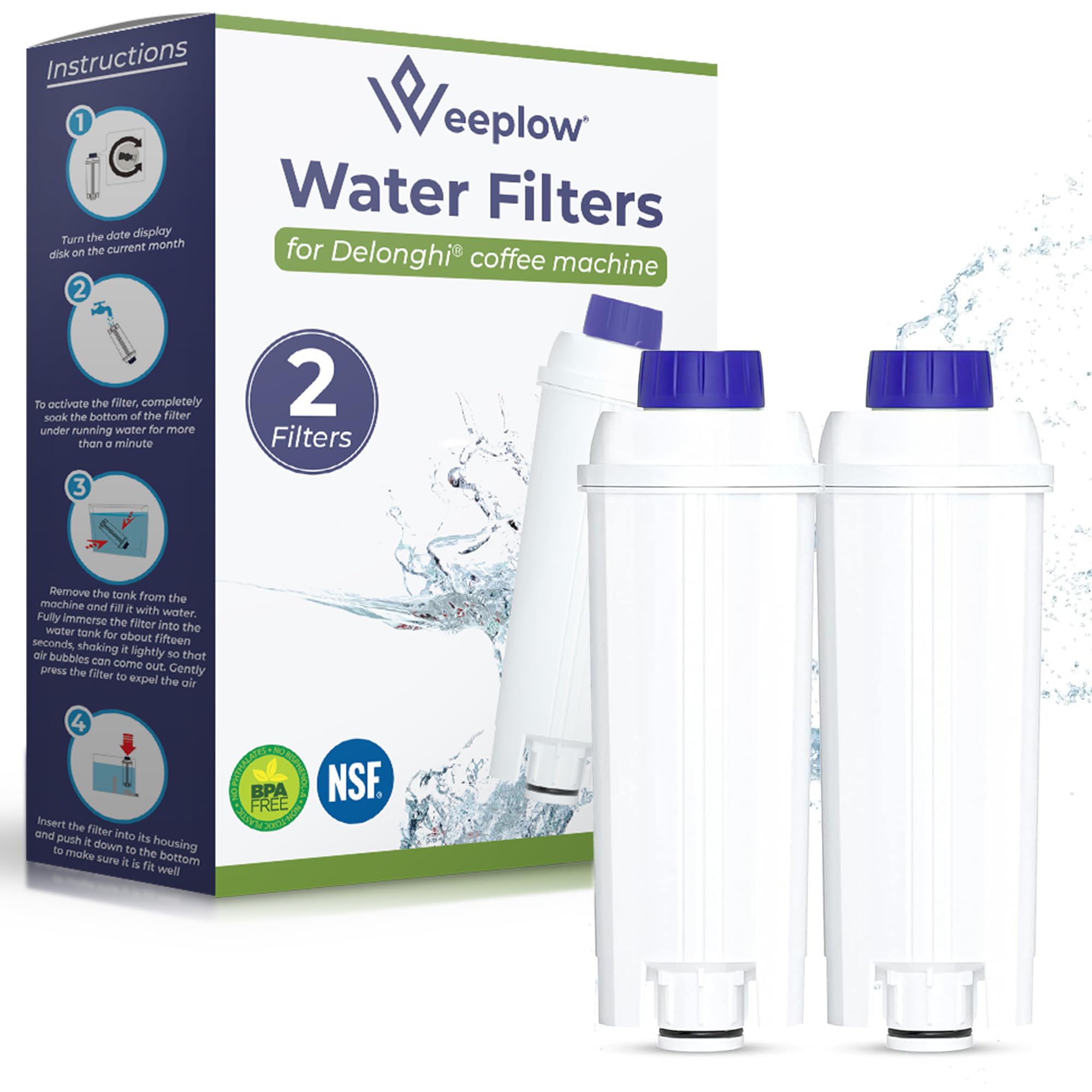 Weeplow - Filtro de agua para cafetera Delonghi (2 filtros) | Compatible con Magnifica, Dinamica, Autentica, Primadonna y todas las series ECAM, ESAM, ETAM, BCO y EC. Juego de 2 filtros.