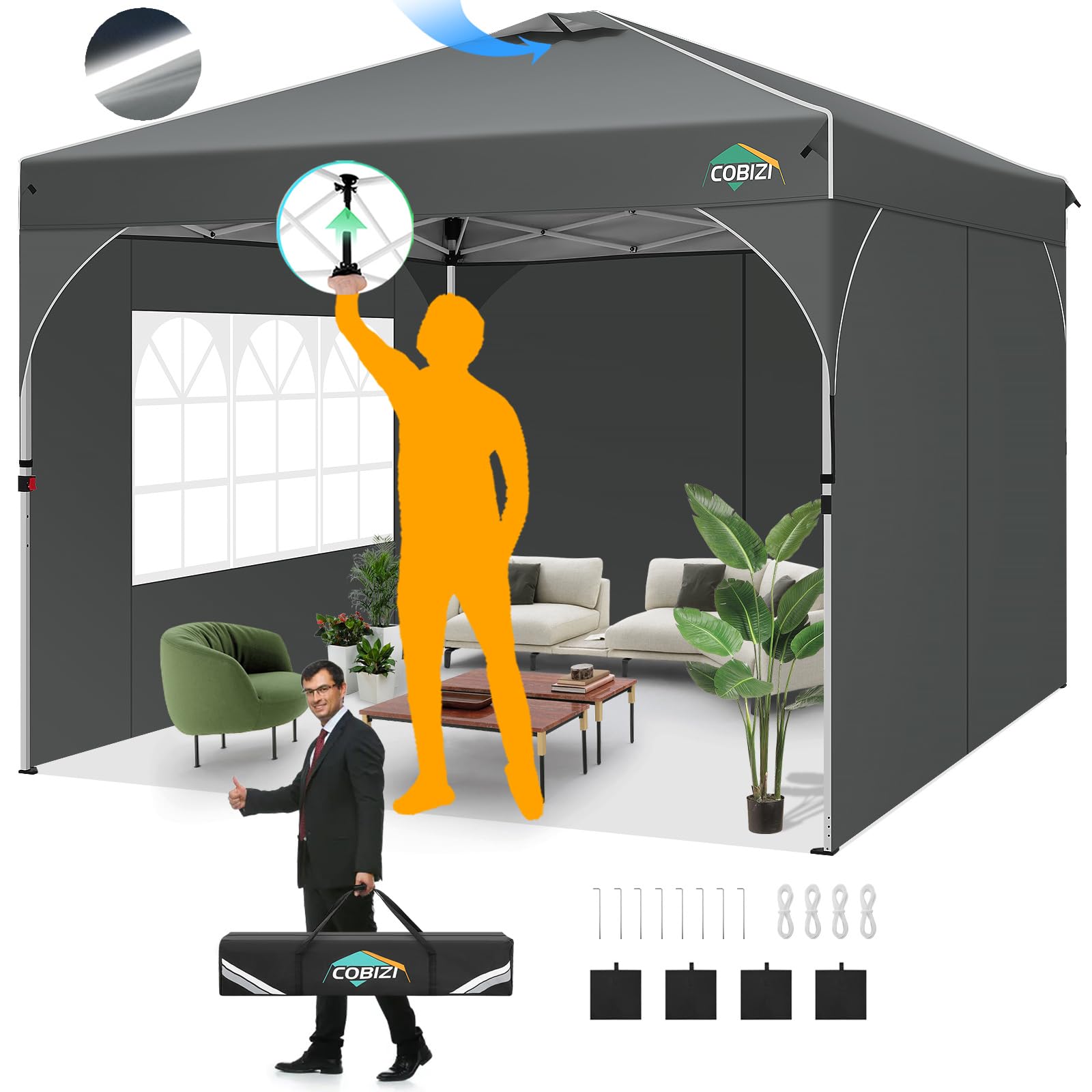COBIZI Carpa Plegable 3x3 Carpas de Camping Impermeables | Carpas para Exteriores con Ventilaciones, Tubos Fluorescentes y 4 Sacos de Arena | Cenador Plegable Altura Ajustable,UFP 50+