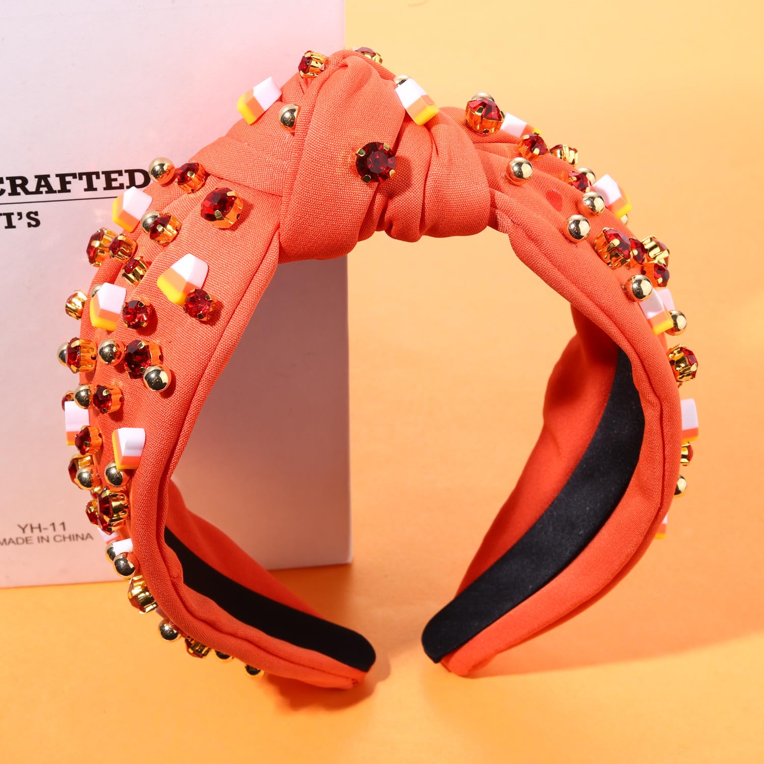 Fascia Annodata Con Striscioni E Cristalli - Cerchio Largo Per Capelli - Accessorio Scintillante Per Donne E Ragazze - Colore Arancione - 5