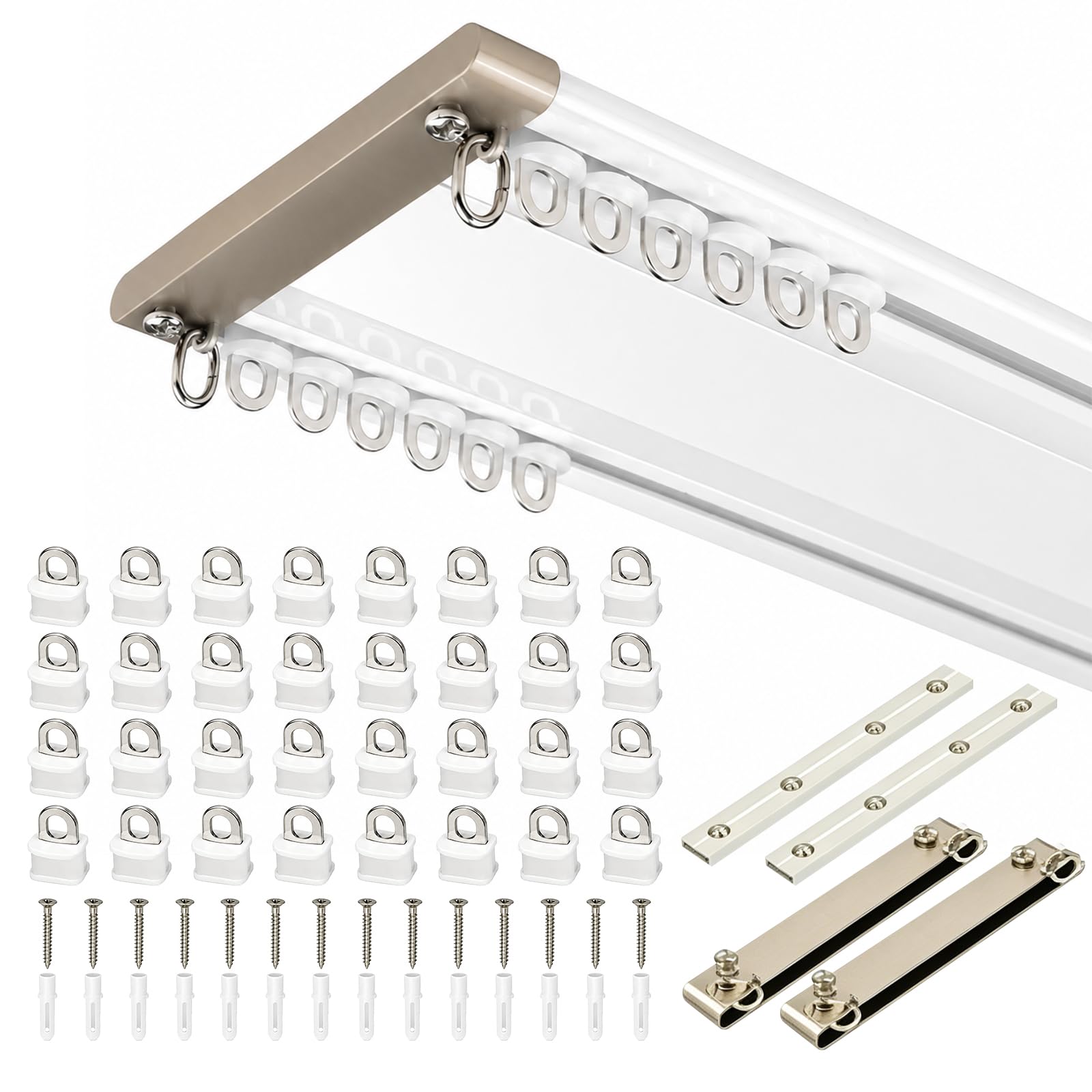 Rail de rideau à 2 voies - Montage au plafond - 200 cm - Double rail en aluminium avec fonction coulissante silencieuse - Pour salon, chambre à coucher (blanc, 2 m)