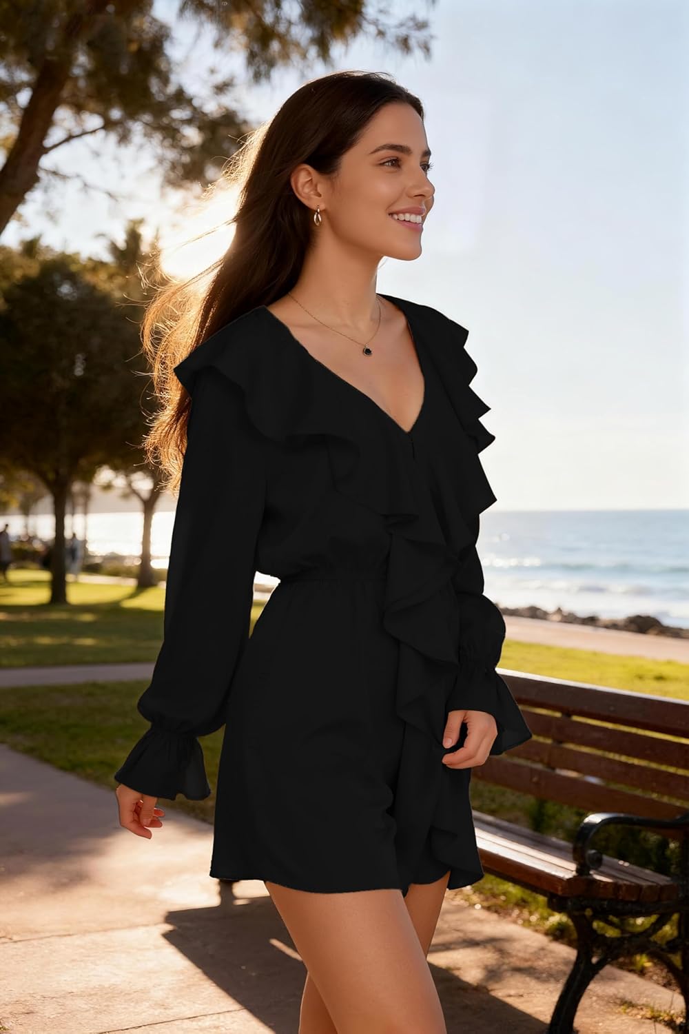 2026 Dresses for Women V Neck Puff Fall Long Sleeve High Waist Ruffle Casual A-Line Swing Mini Dress - Image 2