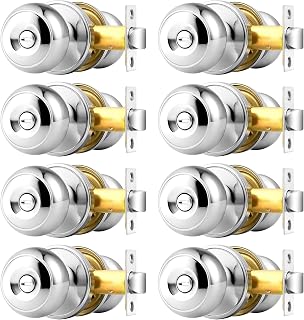 Probrico Polished Chrome Privacy Door Knobs, Interior Door Lock for Bathroom Bedroom, Keyless Round Ball Knob Handle, Thumb-Turn Locking, 8 Pack