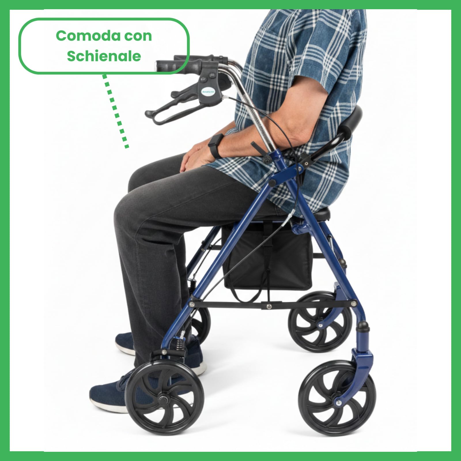 EkoHealthy® Rollator Vivo+ Deambulatore Pieghevole in Acciaio con 4 Ruote, Seduta, Schienale, Freni a Leva e Borsa Portaoggetti – Portata 136 kg – Ausilio per Anziani e Disabili