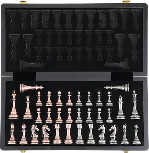 Miniatura 9 de Juego de ajedrez de metal grande de 15 pulgadas para adultos y niños con piezas de ajedrez de metal, tablero de madera plegable con almacenamiento,