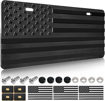 American Flag License Plate, Black Plastic Front Bumper License Plates | 3D Embossed, Patriotic Decor, Includes Screws Caps