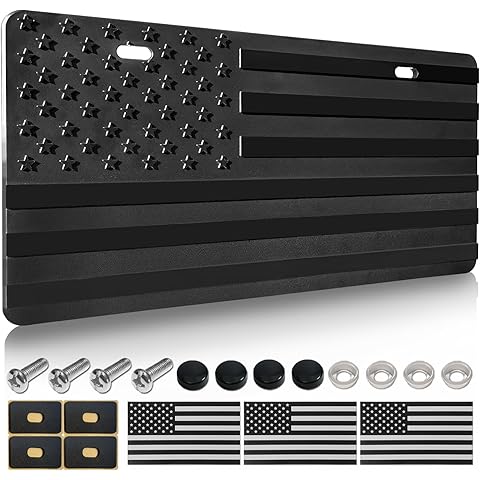 American Flag Front Bumper License Plate - Black Plastic Plates with 3D Embossed Pa...