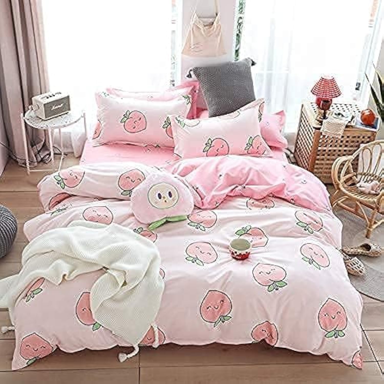 Homewish Cartoon Duvet Cover Set Double Pink Peach Bedding Set Kid Kawaii Bedding Set Girl Lovely Peach Comforter Cover Cute Fruits Quilt Cover Tropical Plant Bedding Soft Bedspread Cover Room Decor