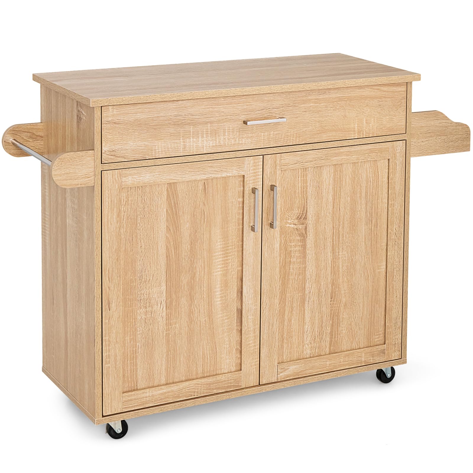 RELAX4LIFE Carro de cocina grande con ruedas correderas con frenos de pedales, carro de servicio de madera barnizada con armario y cajones espaciosos, 136 x 76 x 91 cm (natural)