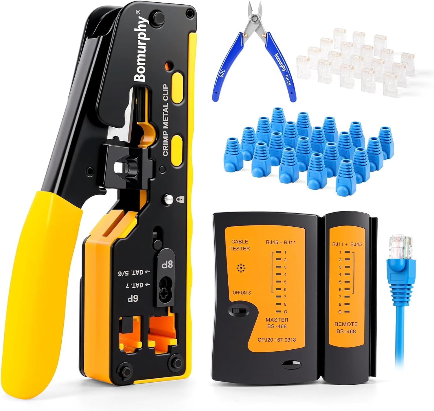 RJ45 Ethernet Crimping Tool Kit Cat5e Cat6a Crimper with RJ45 Cable Tester, Cat5e Connectors,Boot Covers,Stripper