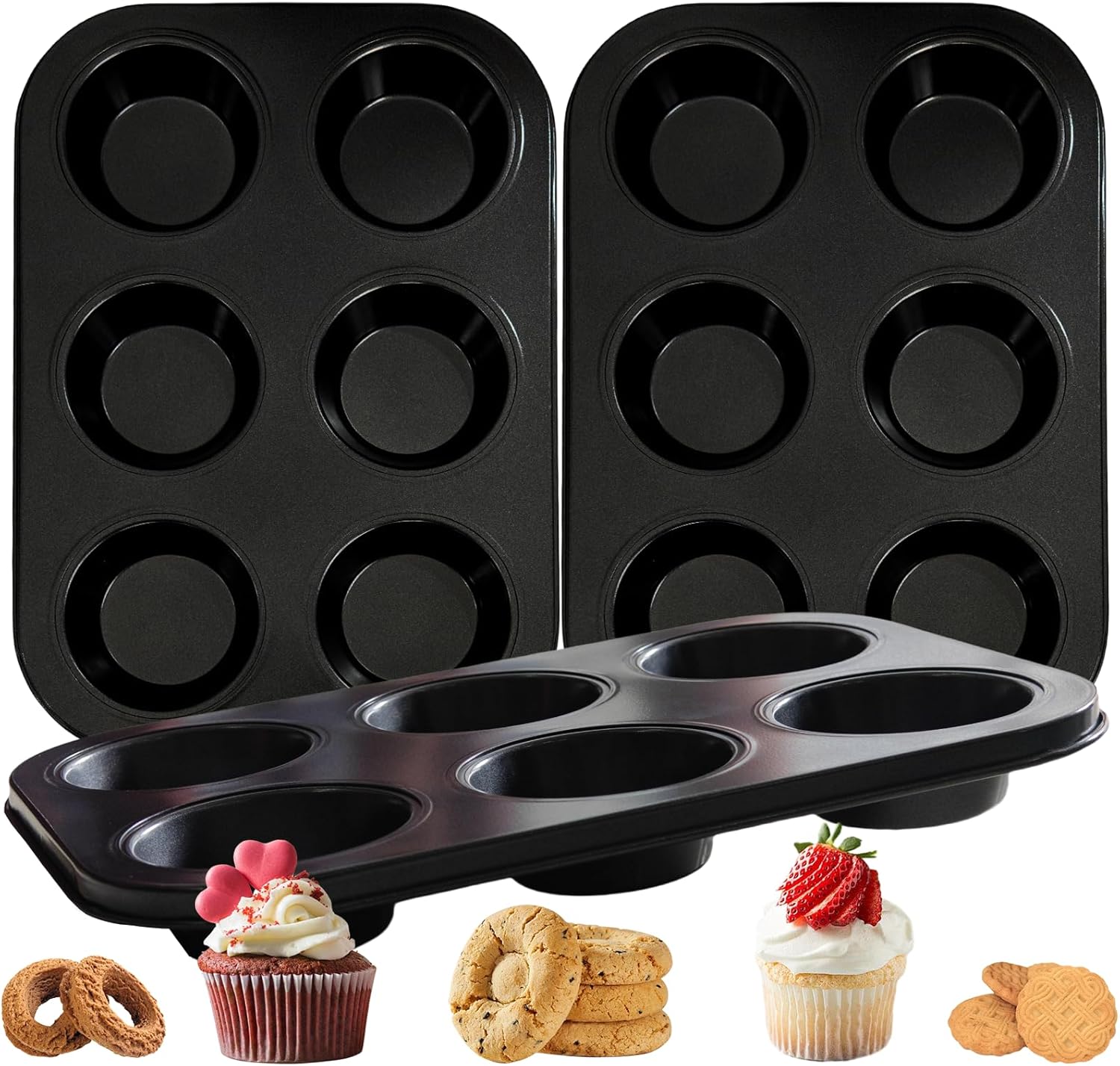 3 Pack Muffin Baking Pan, Non-stick Cupcake Tin Cup Cake Tray, 6 Cup Carbon Steel Cheesecake Baking Mold Bakeware for Muffin Cakes, Tart, Fat Bombs, BPA-free, Dishwasher Safe