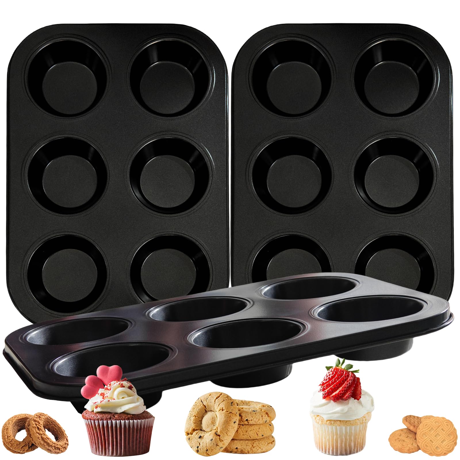 FISDEN 3 Pack Muffin Baking Pan, Non-stick Cupcake Tin Cup Cake Tray, 6 Cup Carbon Steel Cheesecake Baking Mold Bakeware for Muffin Cakes, Tart, Fat Bombs, BPA-free, Dishwasher Safe
