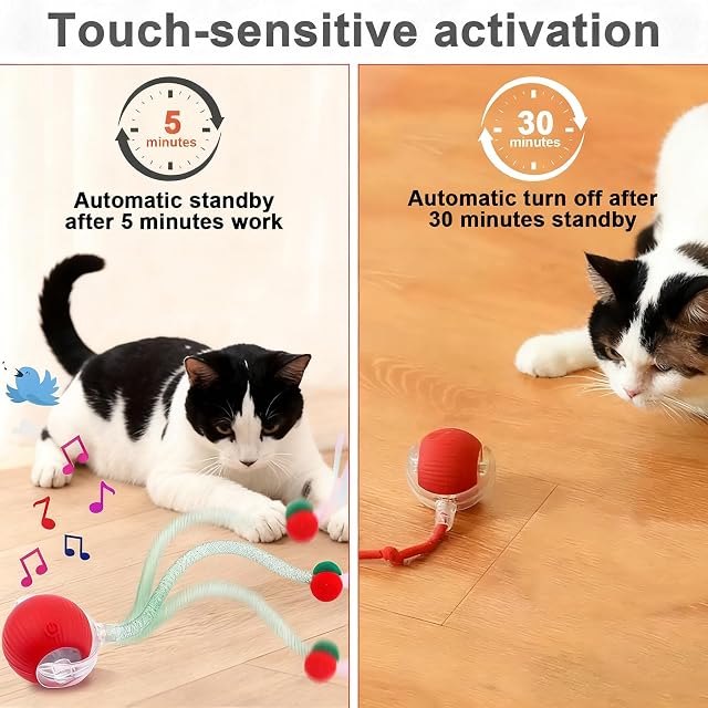 Foto 3 de 7 de AURIVEE Bola Interactiva para Gatos Automática,Bola Móvil con Cola y Sonidos de Pájaros, 3 Modos Juego