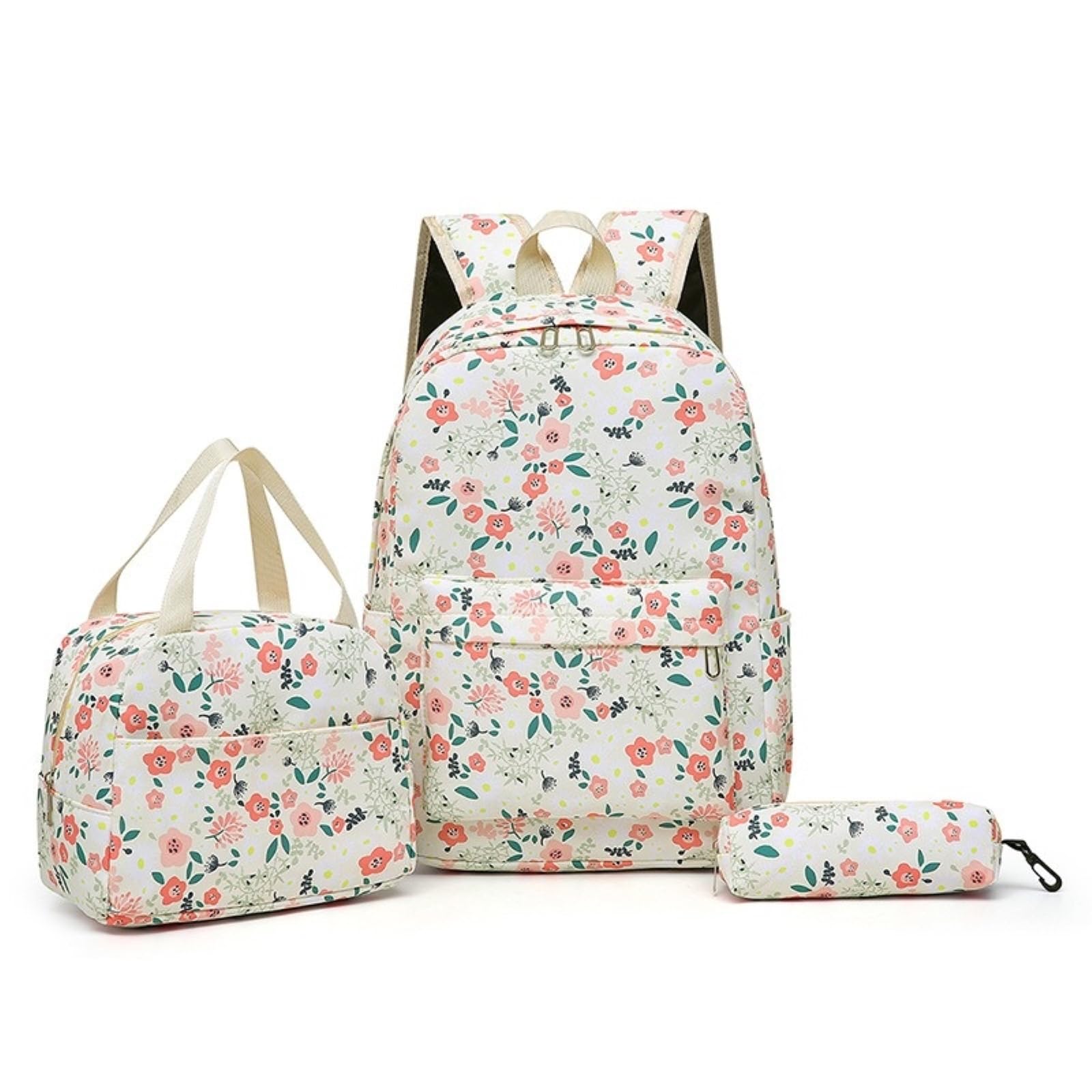Zaino da Viaggio 3 in 1 Floral-Print Set Scuola con Sacchetto A Pranzo E Borsa Matita per Ragazze Adolescenti-c