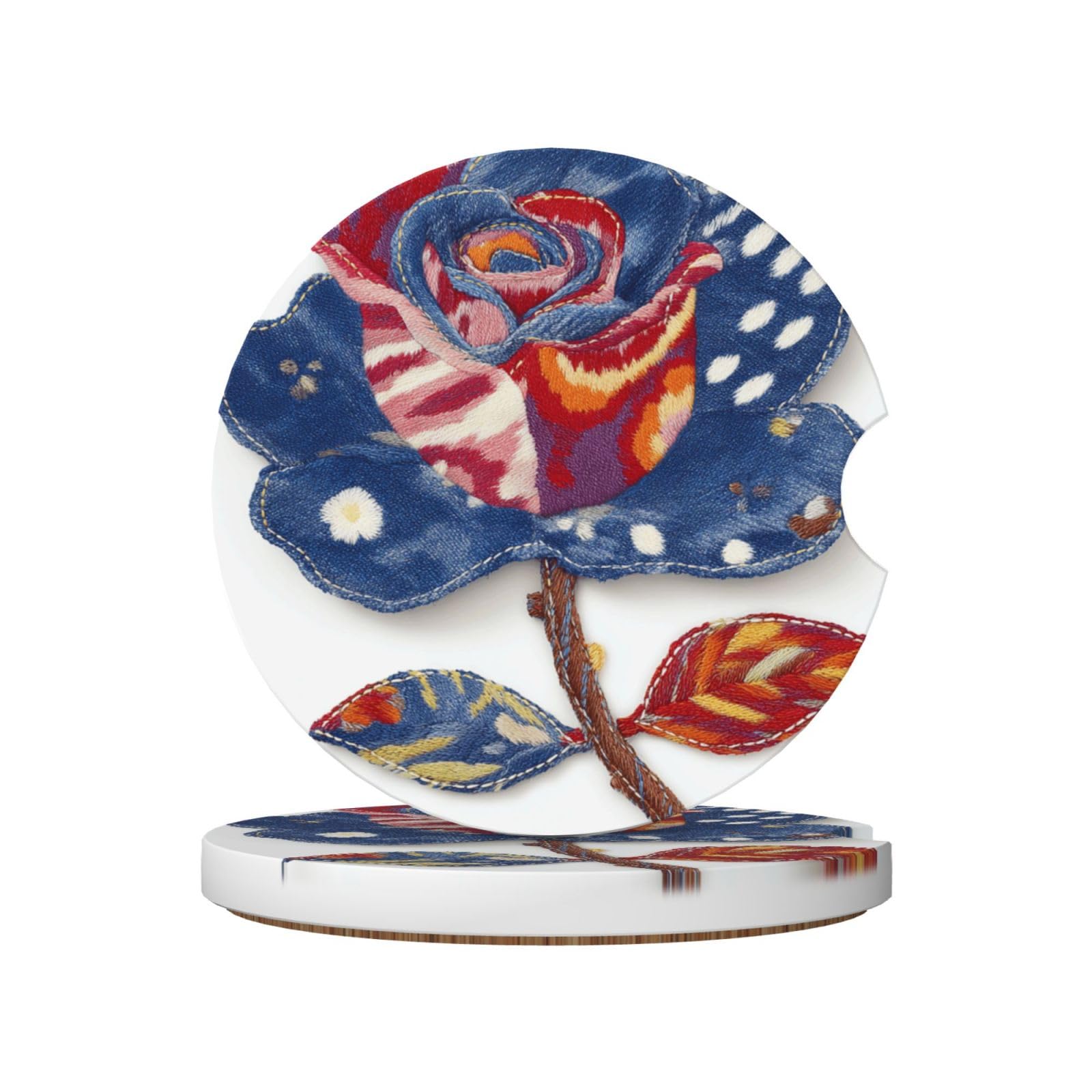 Patchwork Denim Rose Ceramic Coasters,2pcs