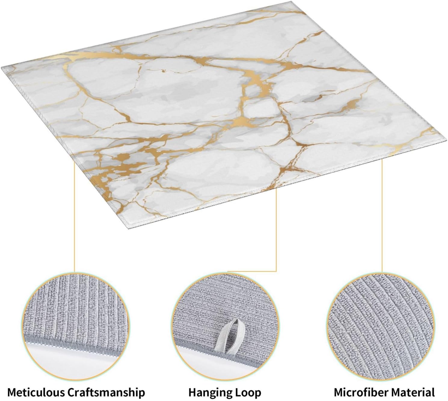 Dish Drying Mat White Marble Gold for Kitchen Counter Absorbent 16x18 Inch Microfiber Dishes Plate Glass Dry Draining Pad Reversible Washable