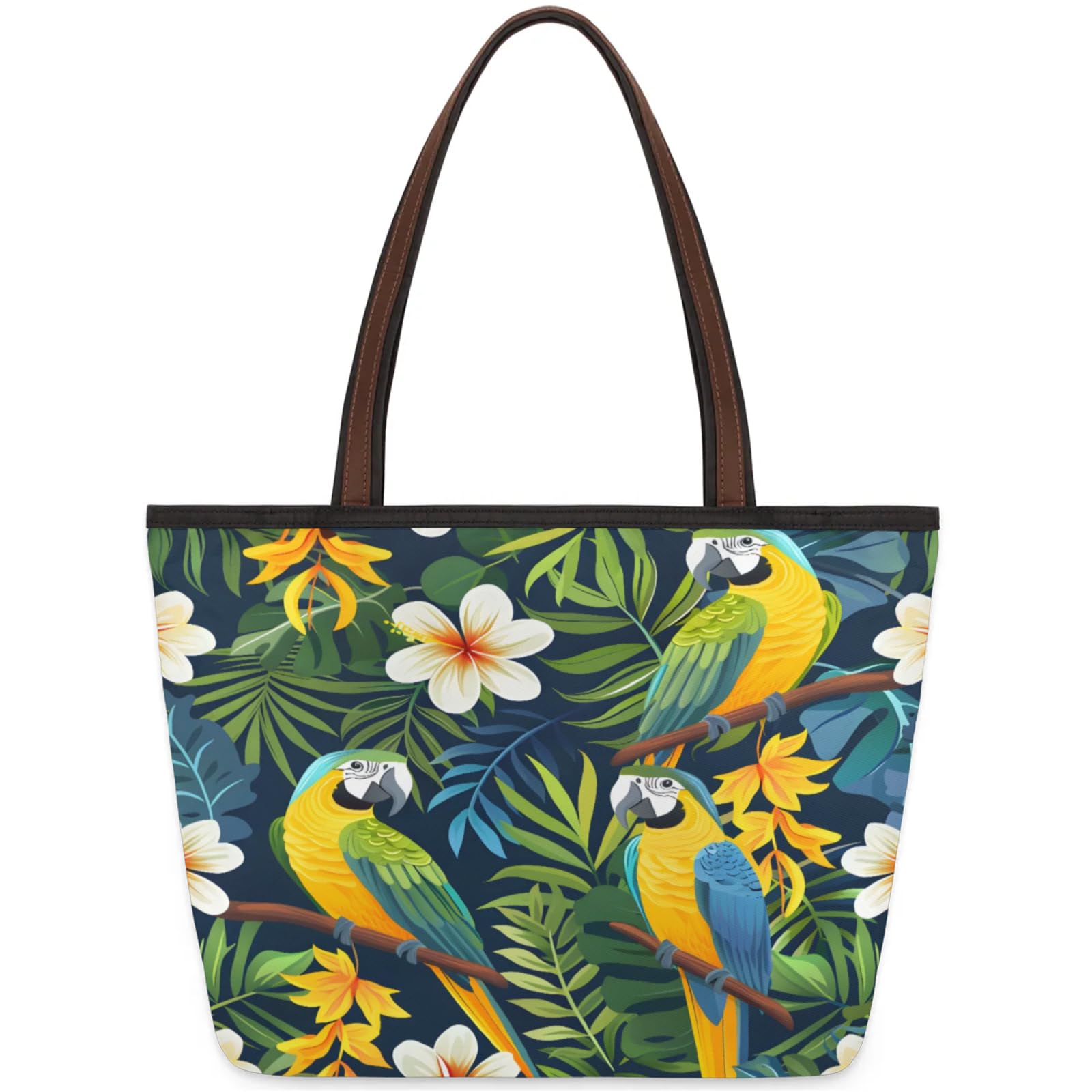 Parrots Tropical Flower Leaves Tote Bag Multi Pocket Zippered Beach Bag Lightweight Waterproof Handbag for Women Men Work Gym Travel Swimming Yoga Grocery Shopping M
