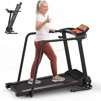 Treadmill for Seniors with Long Handle Bar, Walking Treadmill with APP Control, Heart Rate Sensor, Quiet Motor, 0.5-6.0 MPH Adjustable Speed, 12 Programs, 41.37" Long Belt, 300LBS Capacity