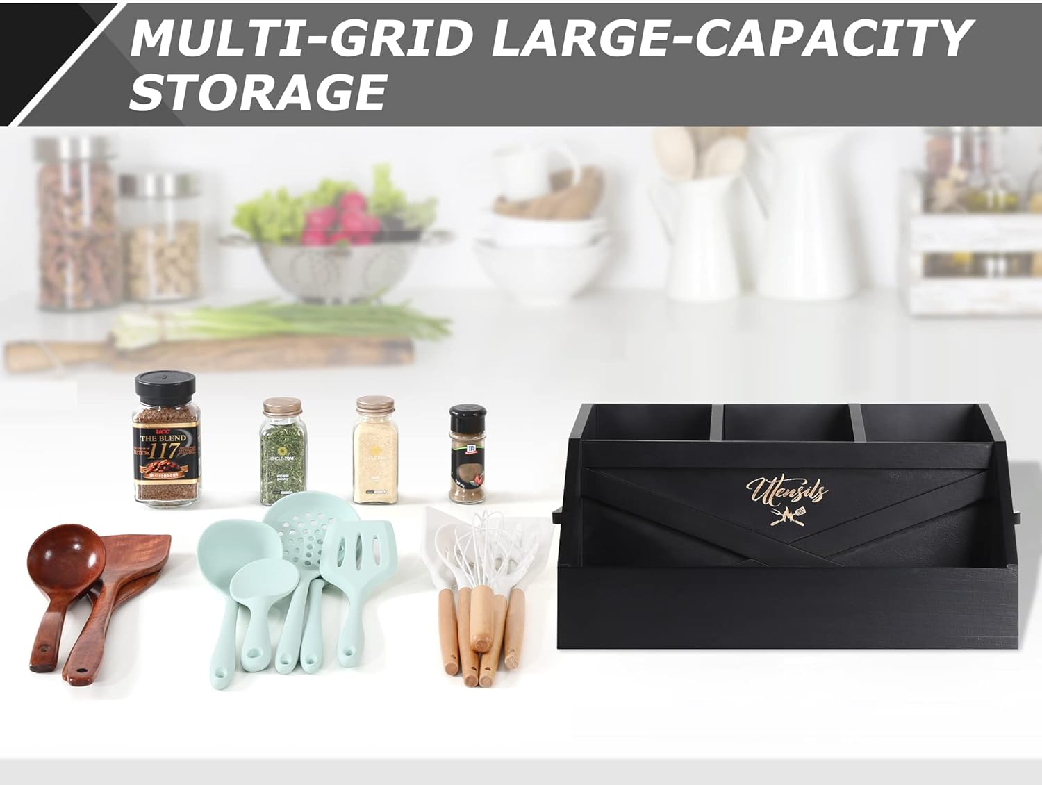 Innovation Kitchen Utensil Holder for Countertop with 4 Compartments, Wood Utensil Organizer for Cooking Tools, Black (Utensil Not Included)