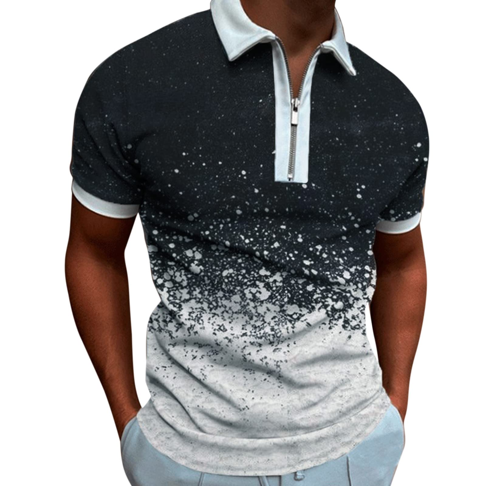 Graphic Polos Shirt Tops Golf Pullover Quarter Zip Shirts Muscle T-Shirts Mens Fashion Polos Shirts Cotton T Shirts for Men Tennis Golf T Shirts (Black, L)