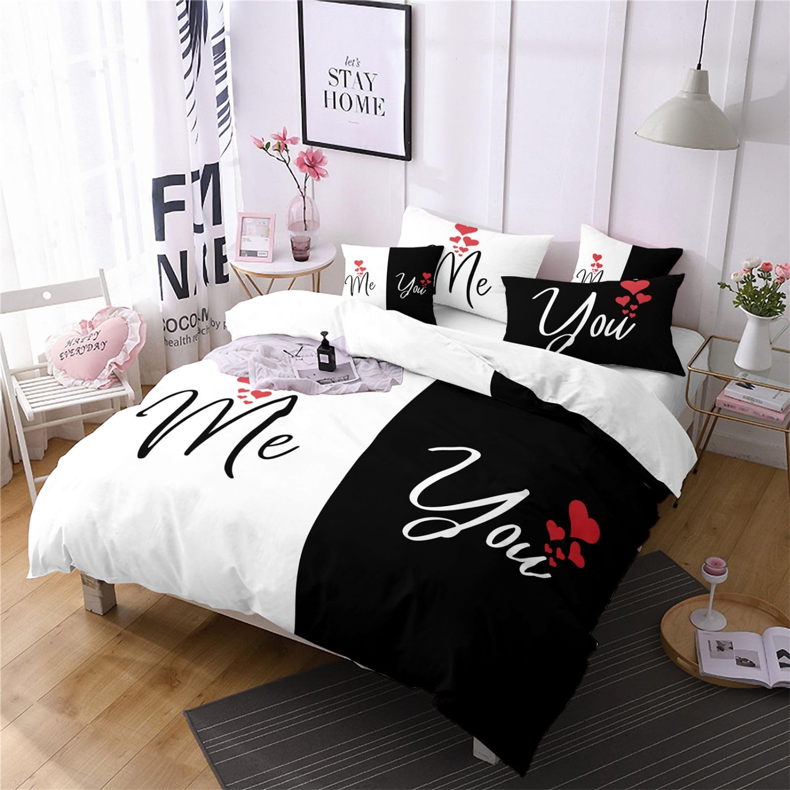 Freyamy 3D Partner Bettwäsche 135x200 4teilig Pärchen Aesthetic Bettwäsche Set für Paare Mikrofaser ÖKO-TEX Bettbezug 2 Deckenbezug mit Reißverschluss und 2 Kissenbezug 80x85cm