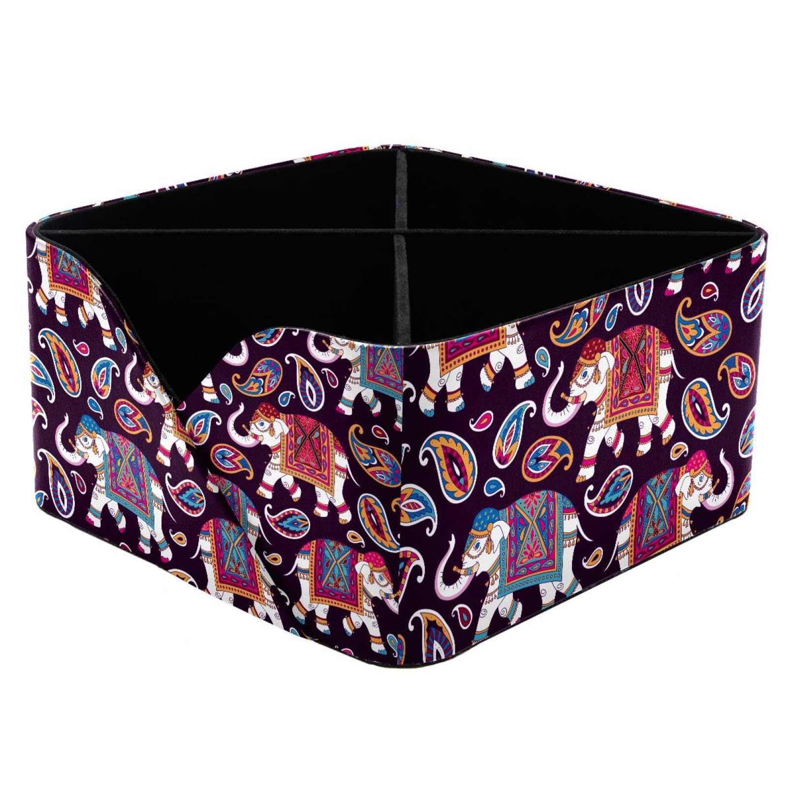 KengjuTesu Indian Elephants and Paisleys Pattern Desktop Organizer Pen Holder, Rectangular Pencil Cup for Office, Study and Makeup Stations