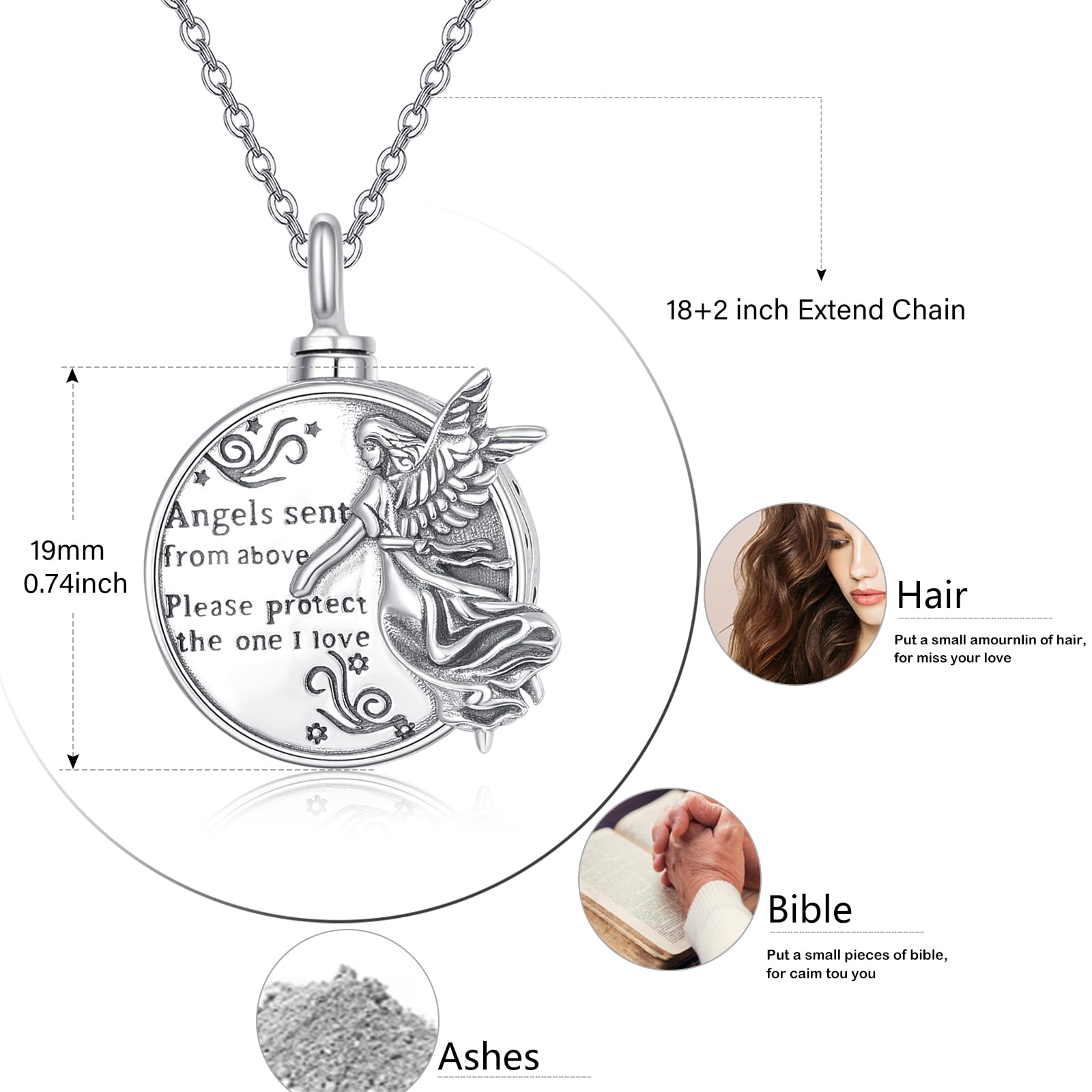 TANGPOET Collana con urna per cenere, con urna e angelo custode, in argento Sterling 925, per donne, Argento sterling