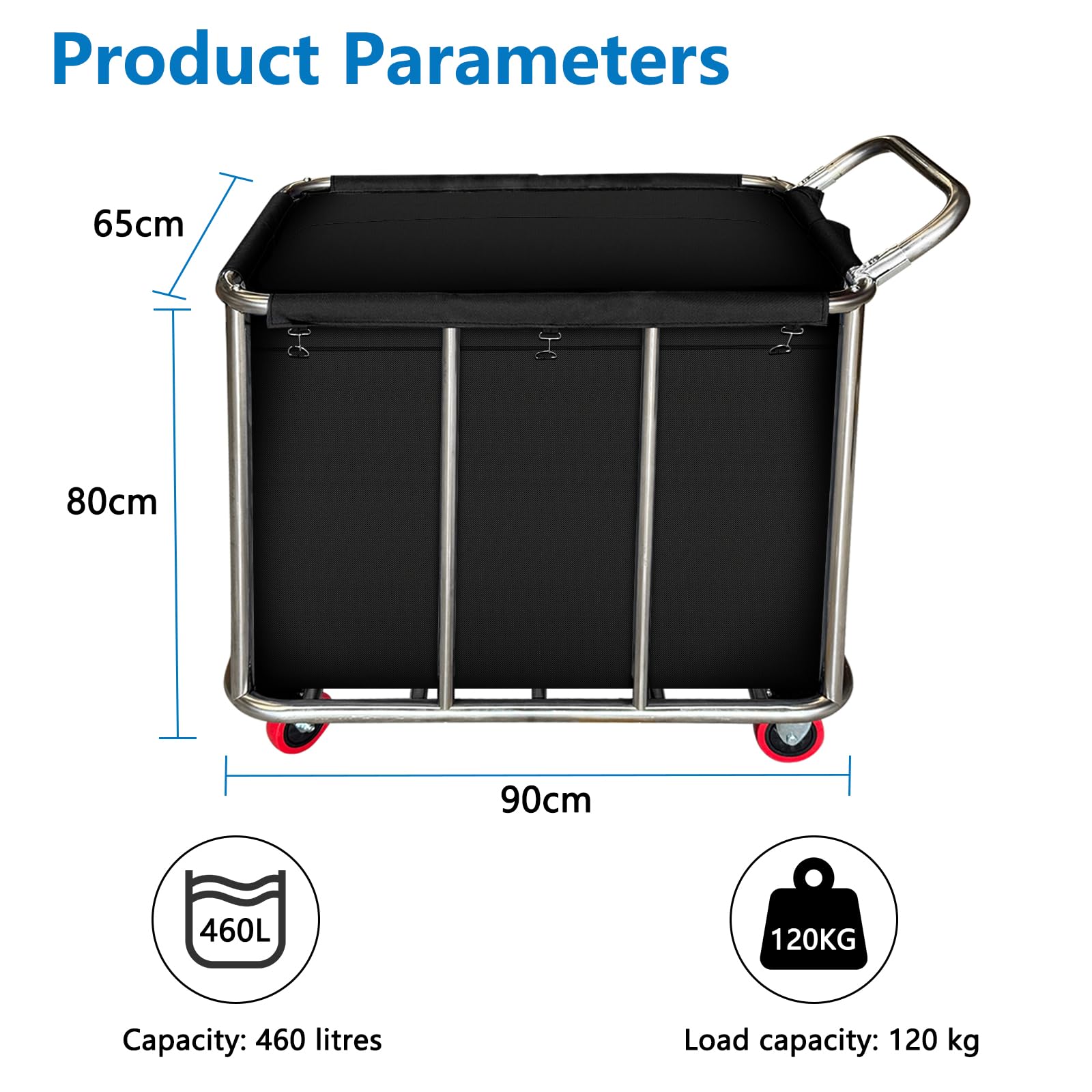 Chariot à linge industriel à roulettes, chariot à linge commercial robuste en acier inoxydable 460L, avec sac de doublure amovible, trieur de grande capacité pour une utilisation en usine et en hôtel
