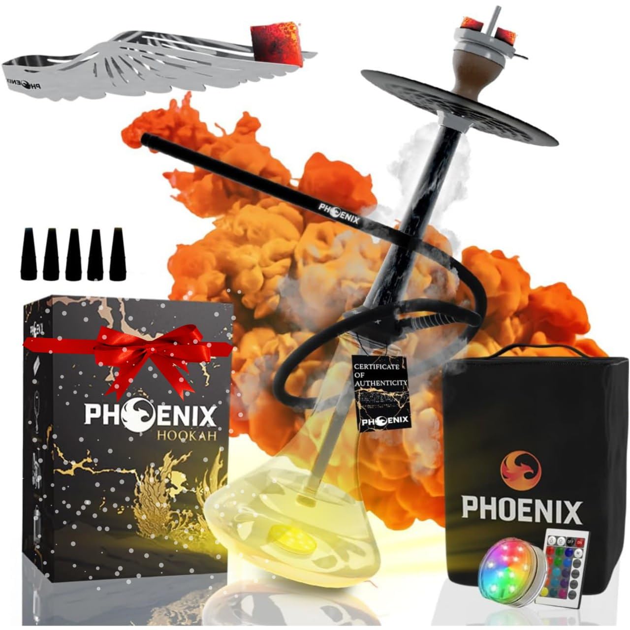 Pack Cachimbas Shisha Buenas 50cm Acero Inoxidable, Resina Negro - Hookah Portatil Boquillas cachimba, Cazoleta Cachimba, Gestor de Calor Shisha, Manguera Cachimba, Pinza, LED Sin Pilas