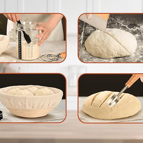 Miniatura 5 de Roemey Cesta redonda de 9 pulgadas, suministros para hornear de masa madre con tarro básico de masa madre de 33.8 fl oz, kit de inicio de masa madre