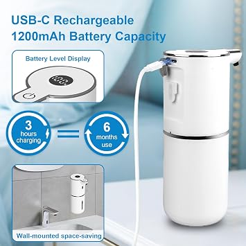 OHIFAST Automatic Liquid Soap Dispenser Touchless, USB Rechargeable Smart Hand Soap Dispenser, 6-Level Adjustable, 12.8oz/380mL Wall Mounted for Bathroom Kitchen Accessories Dish Soap-White