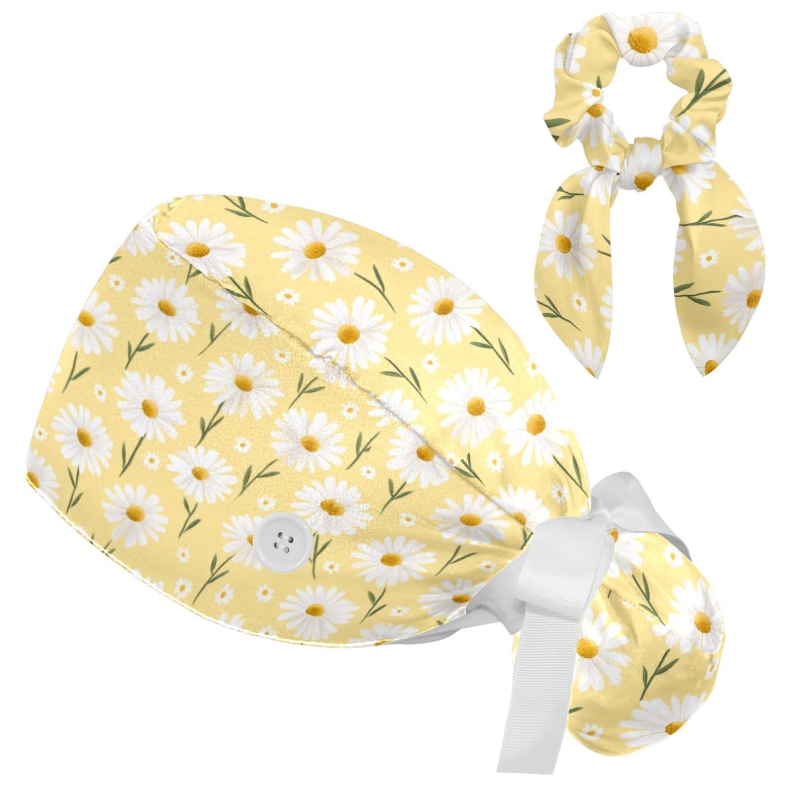 Women's Bouffant Scrub Caps Blue Line Sunflower Working Cap Nurse Hat Surgical Cap with Button and Sweatband