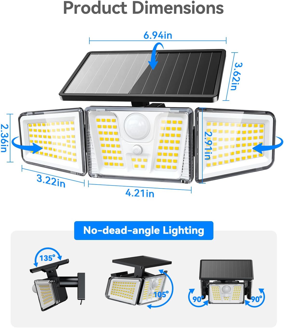 KOOPER Solar Flood Lights, 210 LED Motion Sensor Outdoor Lights, Solar Motion Lights Outdoor Waterproof, 3 Heads 300° Wide Angle Outdoor Security Lights for Yard Patio Garage Entryways, 1 Pack, Black
