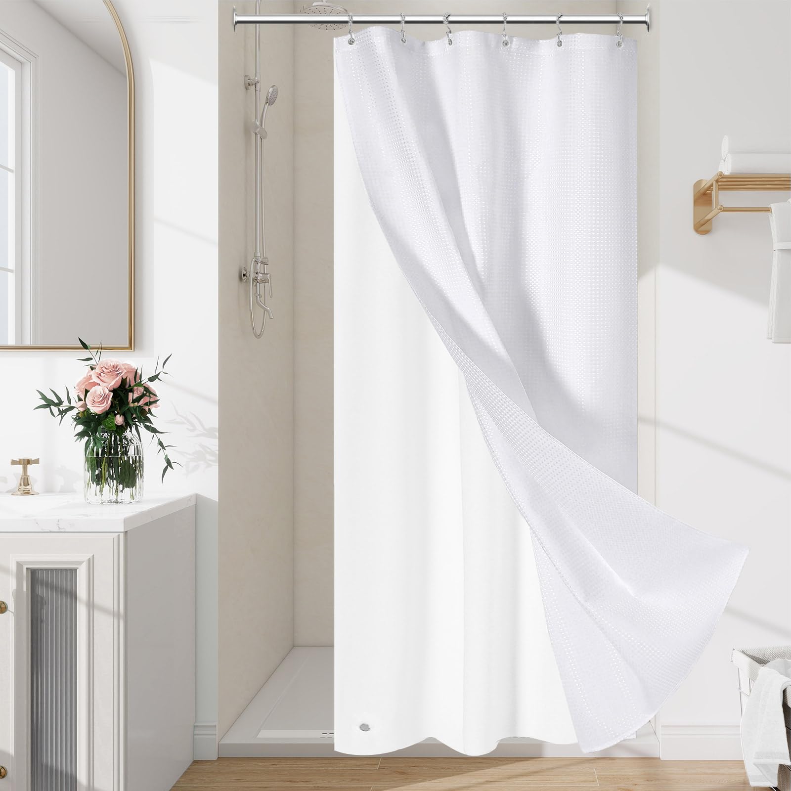 3 in 1 Stall Half Size Shower Curtain Set-72 W x 72 H, White Waffle Waterproof Fabric and PEVA Liner Set with Stainless Steel Hooks
