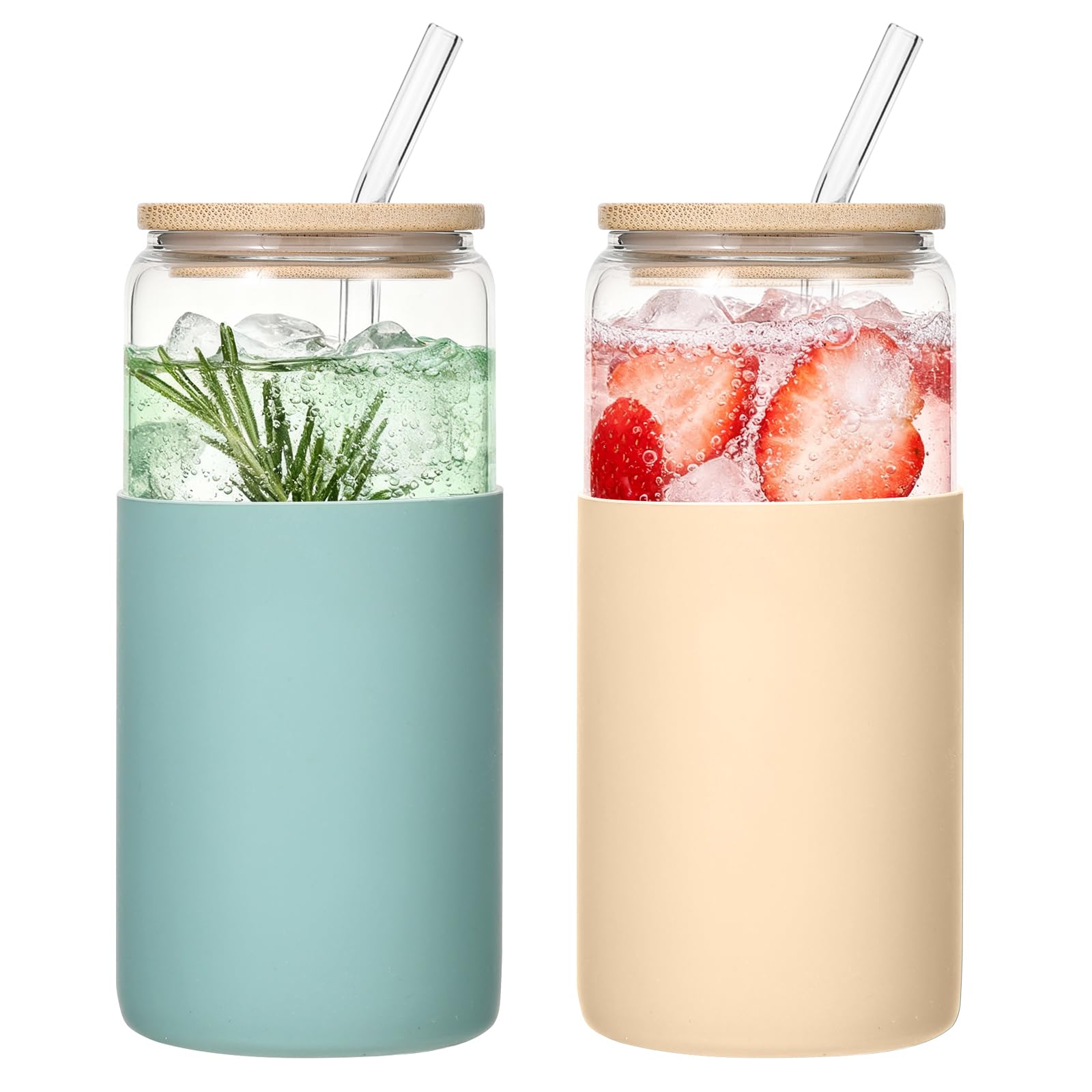 2 Pack Glass Tumbler with Silicone Sleeve & Bamboo Lid, 600ml Unbreakable Reusable Cup with Straw, Non-Slip Grip for Iced Coffee, Smoothies, Perfect for Travel, Office, Home Use