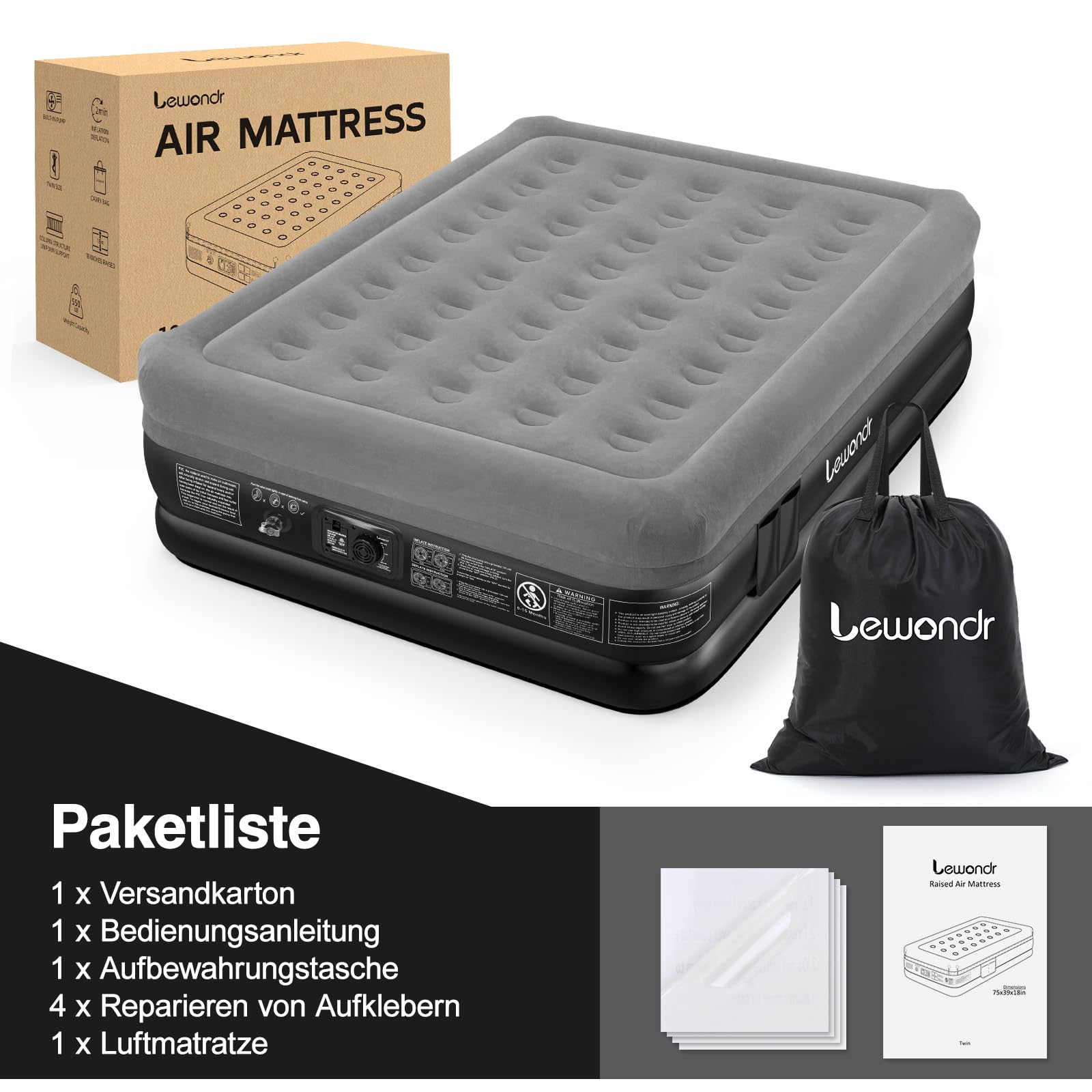 Lewondr Luftbett 2 Personen mit Eingebauter Pumpe 203x152x46CM Komfort Aufblasbare Matratze 3 Min Selbstaufblasend Camping Haus Gäste Reisen 300kg Grau