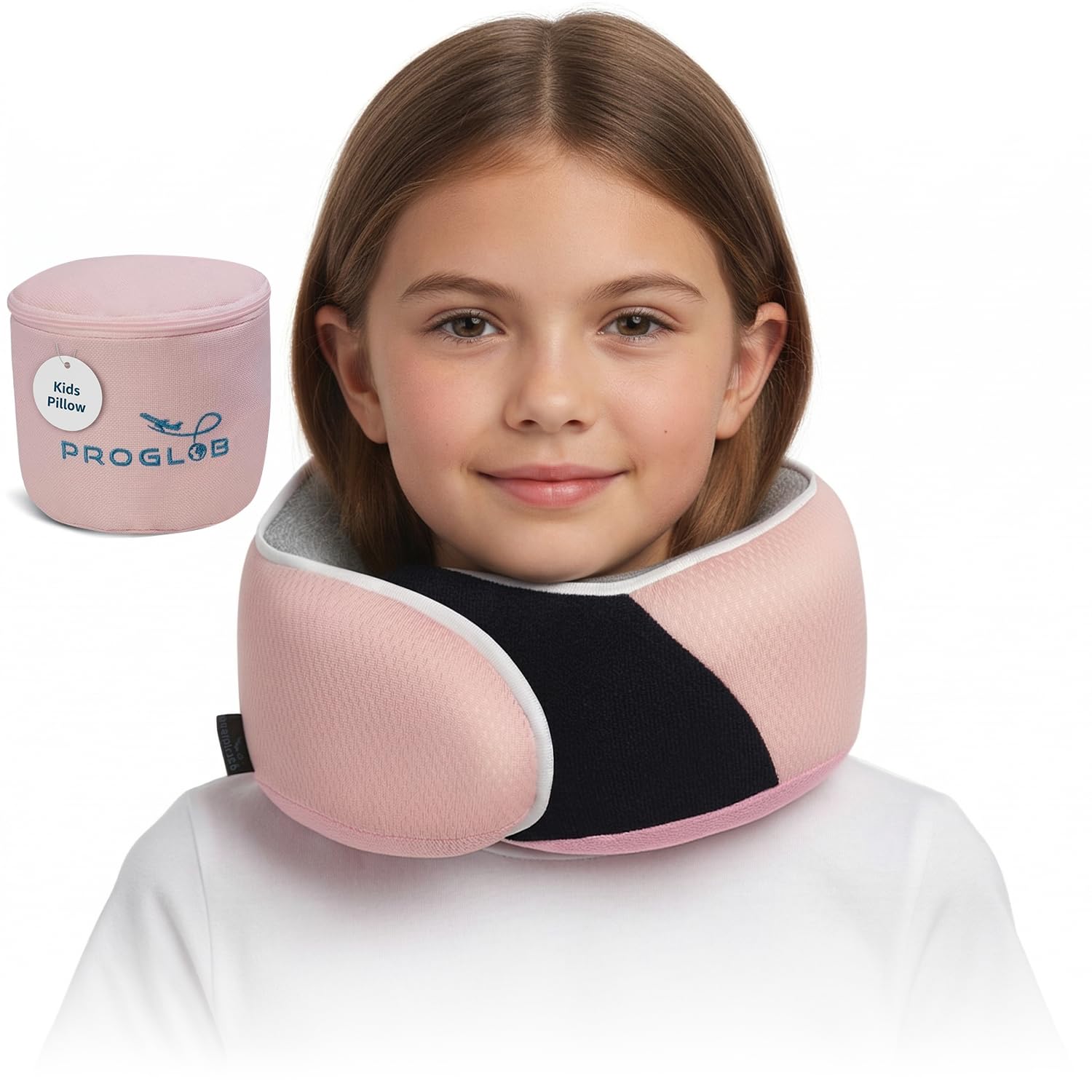 Proglobe Junior Nackenkissen für Kinder - Ergonomisches Reisekissen aus Memory-Schaum für Auto, Flugzeug, Bahn - Waschbar, Tragbar, Mit Gurt – Für Kinder von 4–13 Jahren - Hellrosa