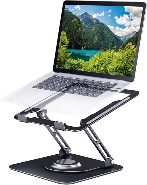 Laptop Stand 360° for Desk Rotating Base, Laptop Riser Adjustable Height, Foldable Portable Aluminum Adjustable Laptop Stand Compatible with Macbook Pro Other Notebooks and Tablets 10-17"(Black)