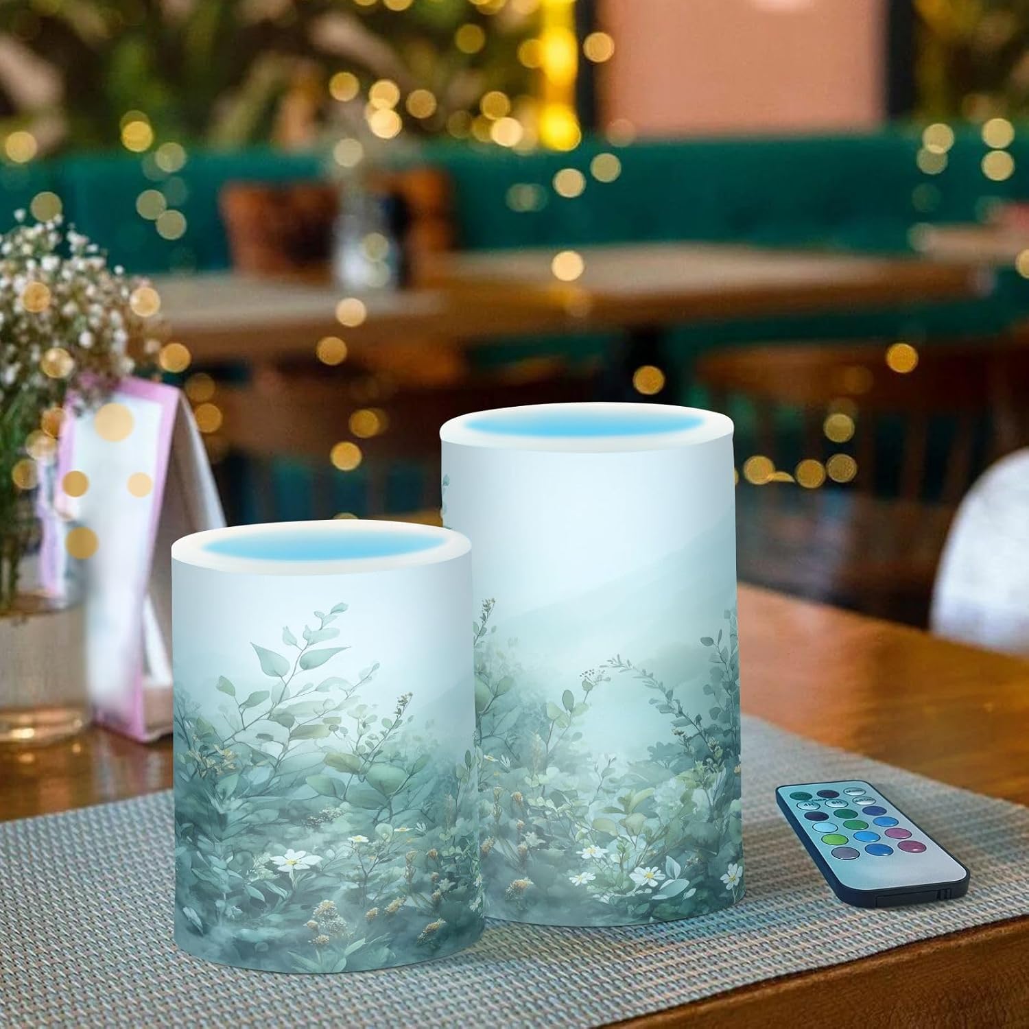 Watercolor Greenery Wildflowers Flameless Candles Battery Operated Color Changing LED Candles with Remote Control Timer Outdoor Indoor 2 Pack