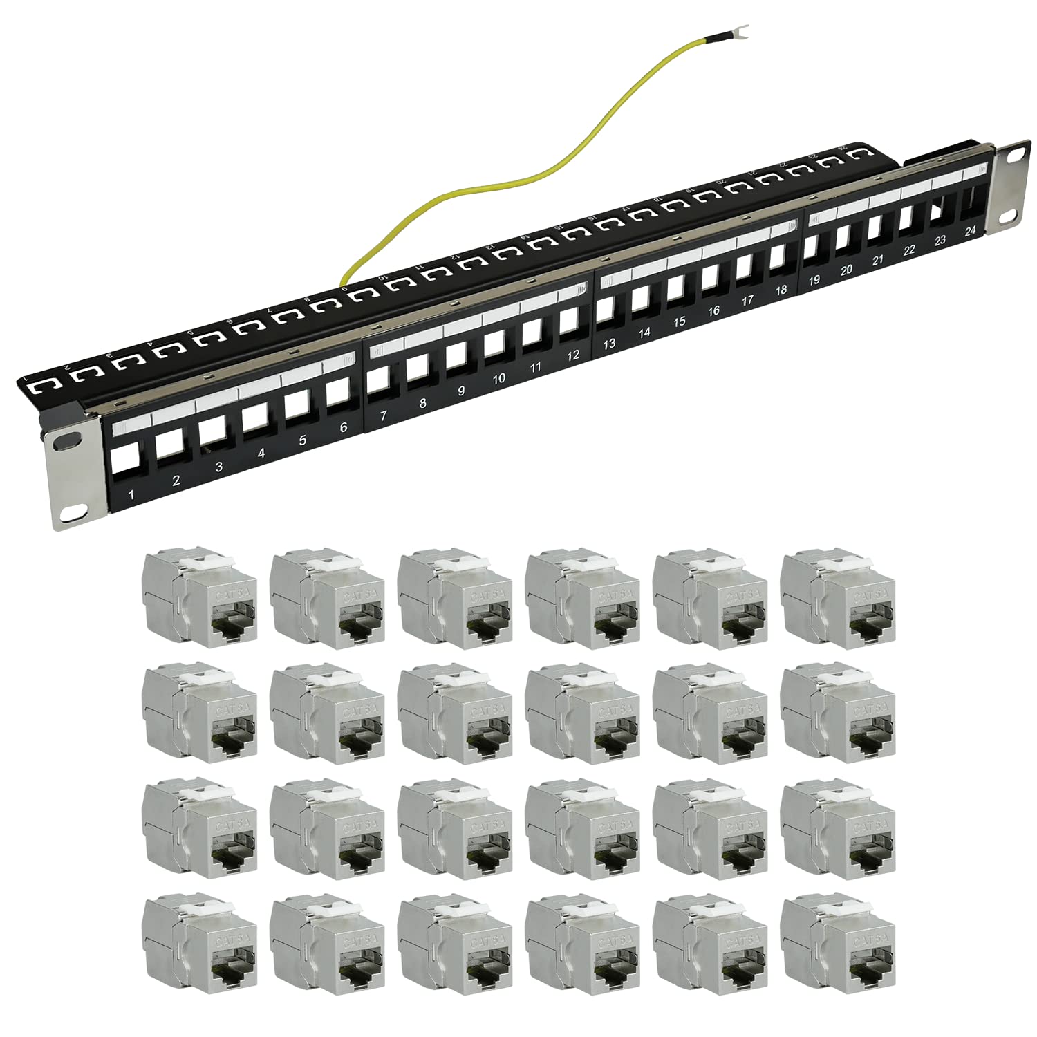 AIXONTEC 24 Port 19 Zoll 1 HE Patchpanel Patchfeld als Set 24x RJ45 Keystone Module Cat.6A Werkzeuglos Buchse Ethernet LAN Verbinder für Cat.7 Cat.6 Schwarz Kabelmanagement Netzwerkabel LAN Kabel