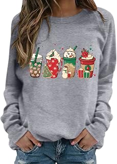 YuzRong Blouses for Women UK Womens Cute Print Pattern Casual Loose Solid Color Round Neck Top with Solid Color Long Sleeve Loose Round Neck Christmas Sweatershirt