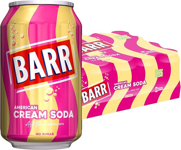 BARR 24 Pack American Cream Soda, Zero No Sugar Sparkling Soft Drink with a Creamy Taste of American Cream Soda Fizzy Pop, 24 x 330ml Cans - 1