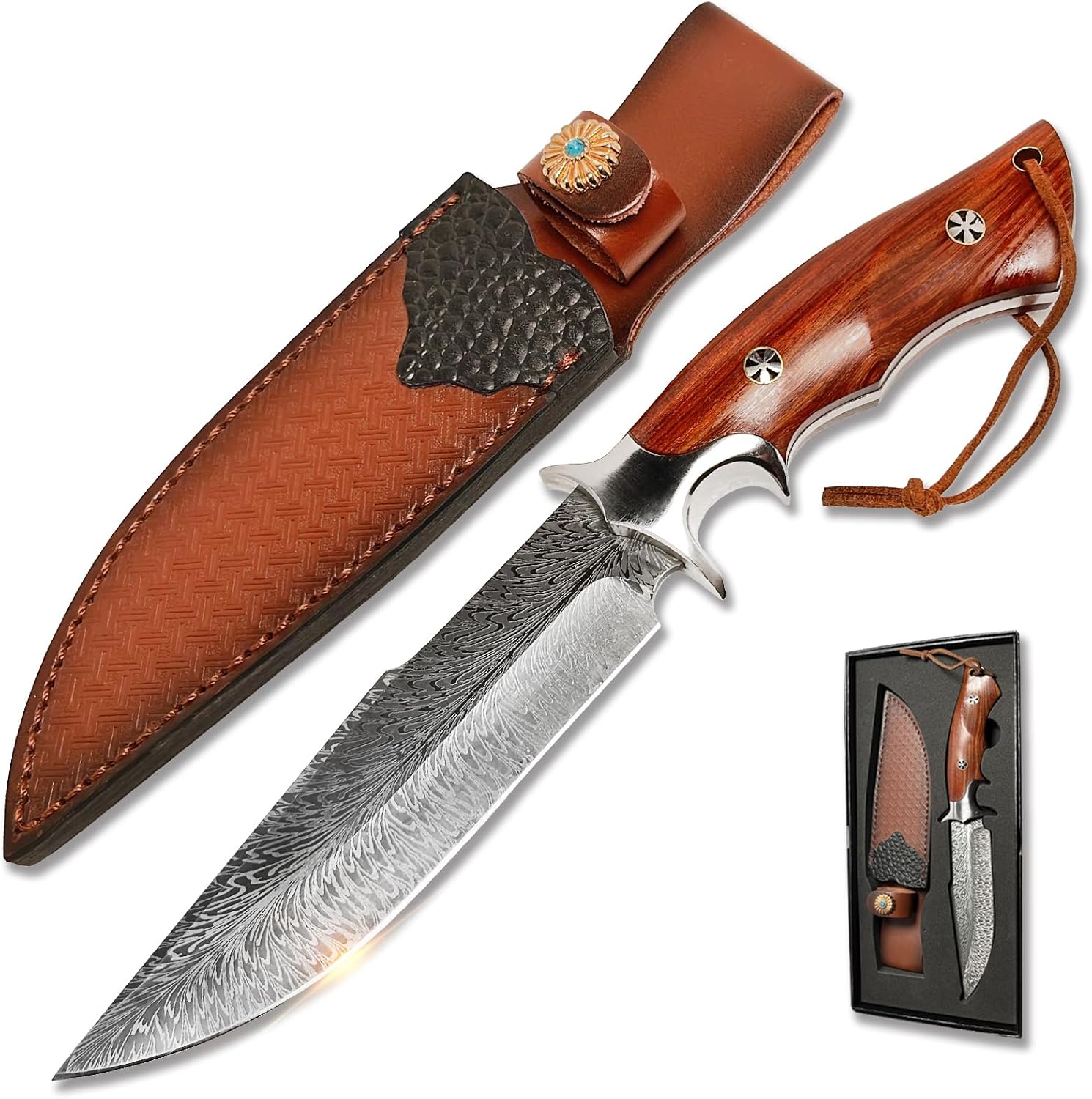 razor-sharp fixed blade hunting knife, integrated full-tang design, elegant wooden handle & leather sheath - perfect for outdoor, camping, hiking, and survival knives