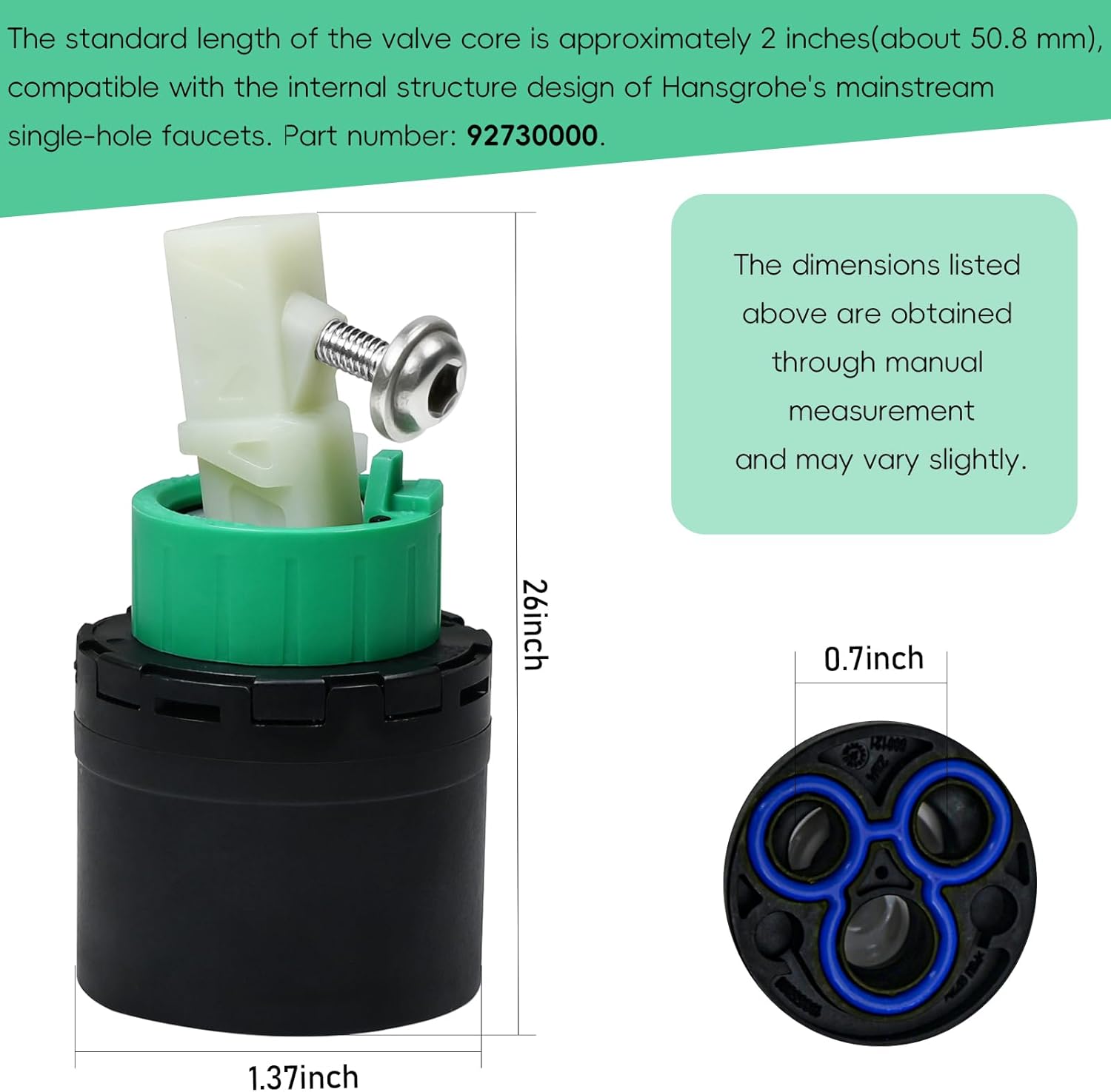 92730000 Single-hole faucet ceramic cartridge replacement part, 2-inch single-hole, compatible with Hansgrohe M3/M2 2-inch single-hole cartridges, suitable for Hansgrohe kitchen faucet cartridges.