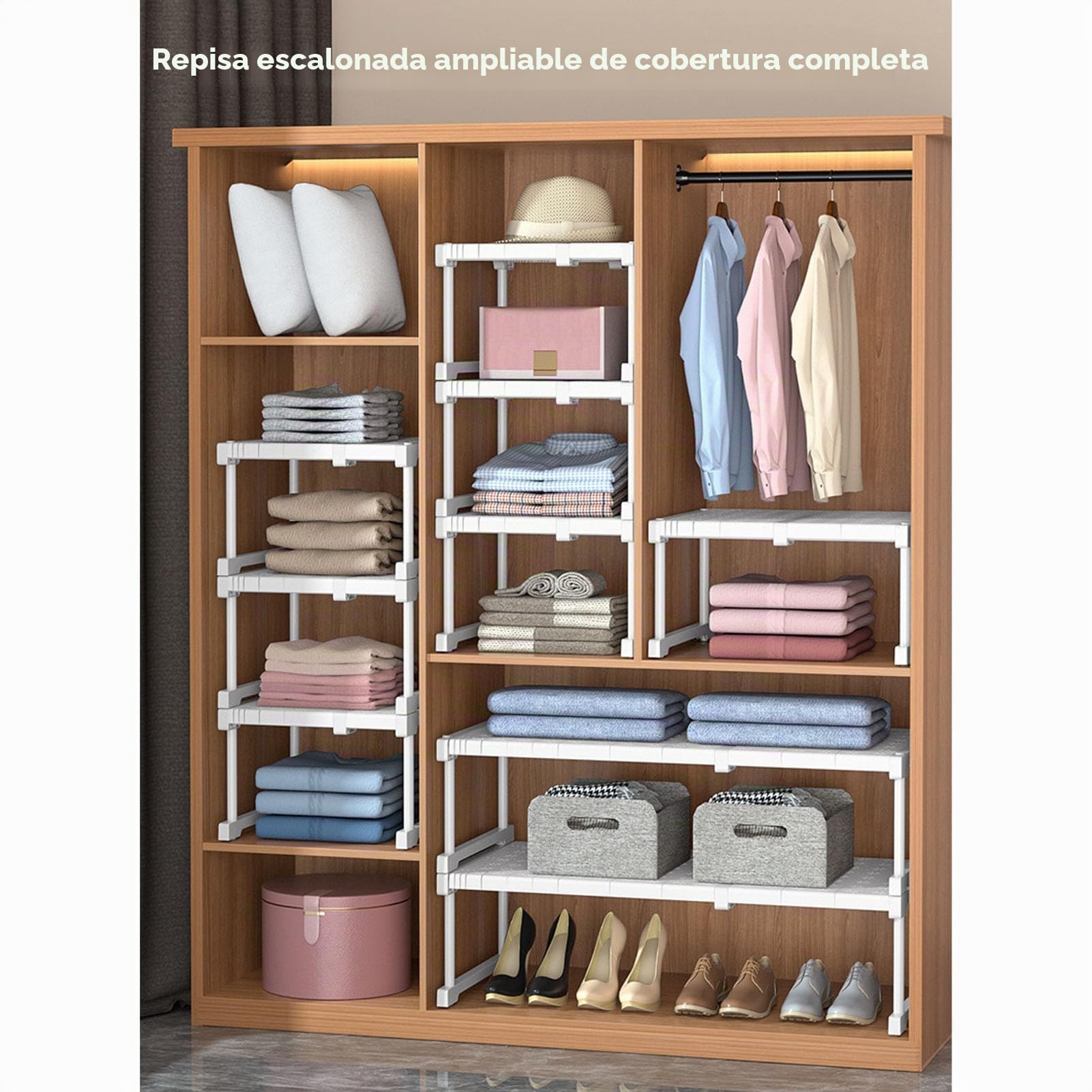 Estante de Gabinete Expandible con Acero Al Carbono, Estante de Almacenamiento Ajustable para Armario, Divisor de Guardarropa Ideal y Organizador para Cocina y (Longitud 67-88