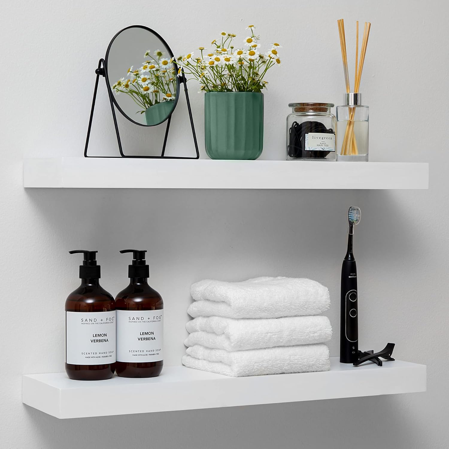 Homeforia White Floating Shelves 24 inch, High End Solid Real Wood 24inch Bathroom Floating Shelf for Wall Mounted, White Wooden 24in Floating Shelves, Heavy Duty Bracket, 24 X 6.5 X 1.75 in, Set of 2 Classic White - Soft Neutral Satin Pack of 2 24 inch