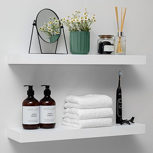 Homeforia White Floating Shelves 24 inch, High End Solid Real Wood 24inch Bathroom Floating Shelf for Wall Mounted, White Wooden 24in Floating Shelves, Heavy Duty Bracket, 24 X 6.5 X 1.75 in, Set of 2 - Classic White - Soft Neutral Satin - Pack of 2 - 24 inch