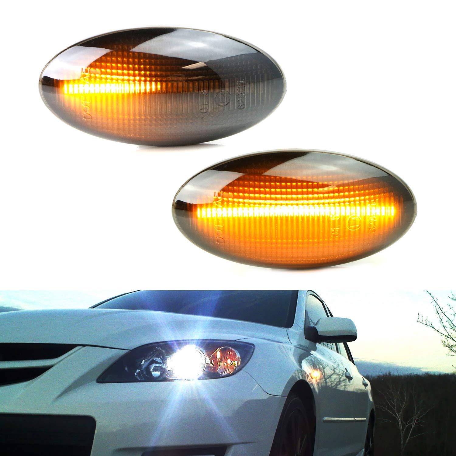 iJDMTOYSmoked Lens Dynamic Sequential Blink/Flow Amber Full LED Front Side Marker Light Kit Compatible With 2004-2011 Mazda3, 2006-2010 Mazda5, 2011-2013 Mazda2, Replace OEM Sidemarker Lamps