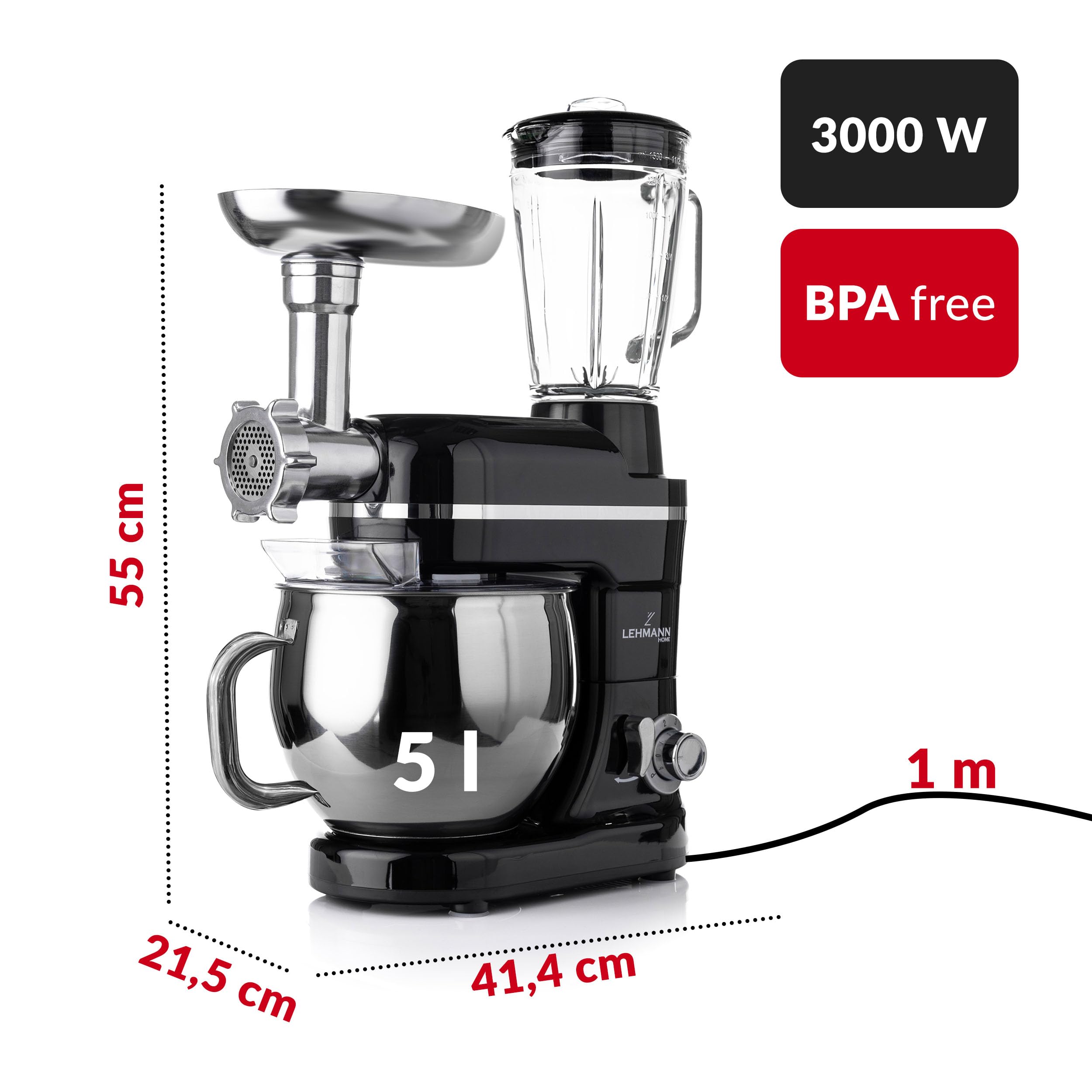 LEHMANN Robot Pâtissier & Robot de Cuisine Multifonction 3-en-1, avec Hachoir à Viande, Blender en Verre 1,5L, Bol Inox 5L, Mouvement Planétaire, 6 Vitesses + Pulse
